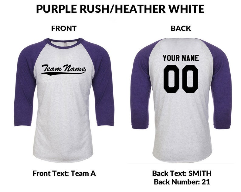 May include: A baseball jersey with purple and heather grey sleeves. The front of the jersey has the text "Team Name" in a black cursive font. The back of the jersey has the text "YOUR NAME" in black block letters above the number "00" in black block letters.
