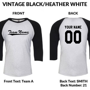May include: A black and heather grey baseball jersey with a black and white team name on the front and a black number 00 and the text "YOUR NAME" on the back.
