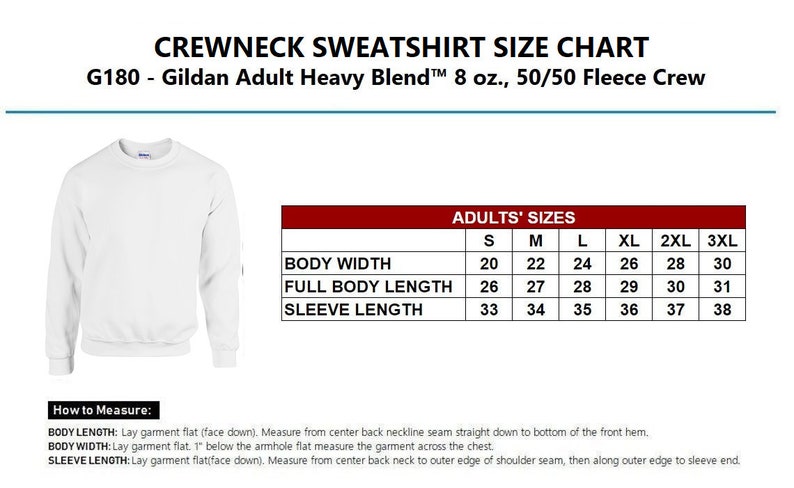 May include: A size chart for a crewneck sweatshirt made by Gildan. The chart shows the measurements in inches for body width, full body length, and sleeve length for sizes S through 3XL.