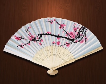 12+ Imprinted Personalized Cherry Blossom Silk Fans with Side Print (Qty Discount Available)