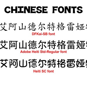 May include: A comparison of three different Chinese fonts, each displaying the same text: "艾阿山德尔特格雷娅特". The fonts are DFKai-SB, Adobe Heiti Std-Regular, and Heiti SC.