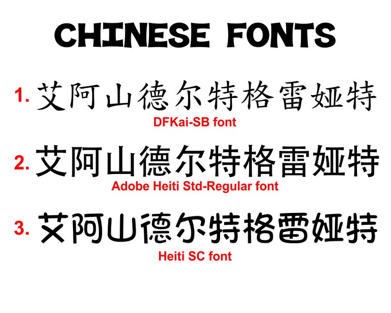 May include: A comparison of three different Chinese fonts, each displaying the same text: "艾阿山德尔特格雷娅特". The fonts are DFKai-SB, Adobe Heiti Std-Regular, and Heiti SC.