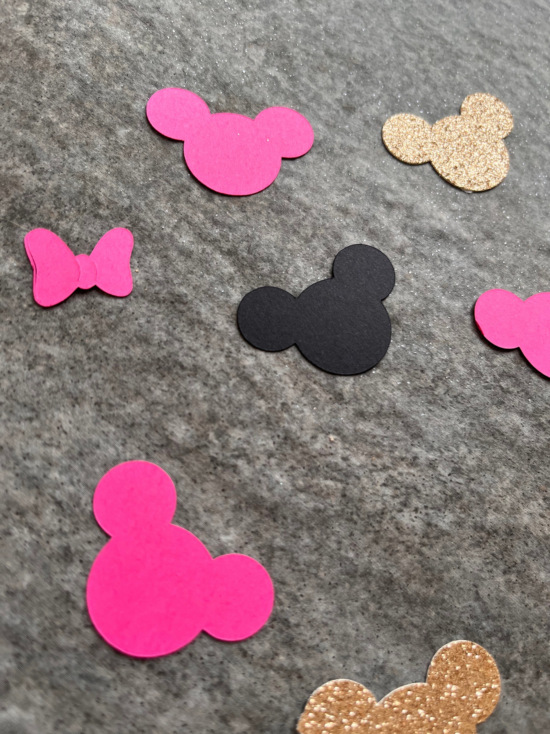 Minnie Mouse Inspired Glitter Confetti Pink Bow Gold Mouse Ears Baby Little Girl Birthday Shower Decor Gift Wrapping First