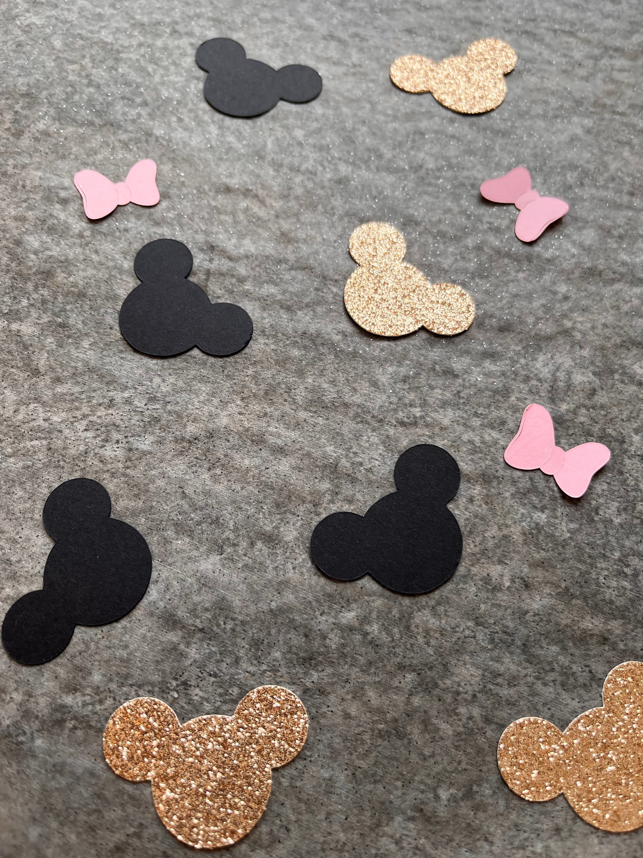 Minnie Mouse Inspired Glitter Confetti Pink Bow Gold Mouse Ears Baby Little Girl Birthday Shower Decor Gift Wrapping First