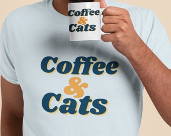 Coffee & Cats Unisex Jersey Kortärmad T-shirt - Flera färger! Kattpresent, Kaffepresent, Kattälskarpresent