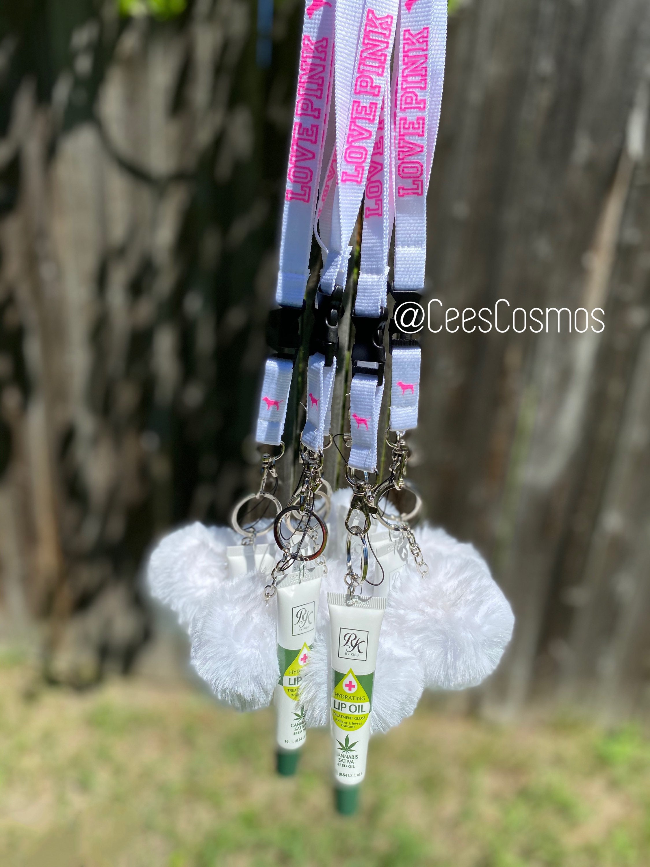 PINK Lip Gloss Lanyard With Puff Ball Keychain Etsy