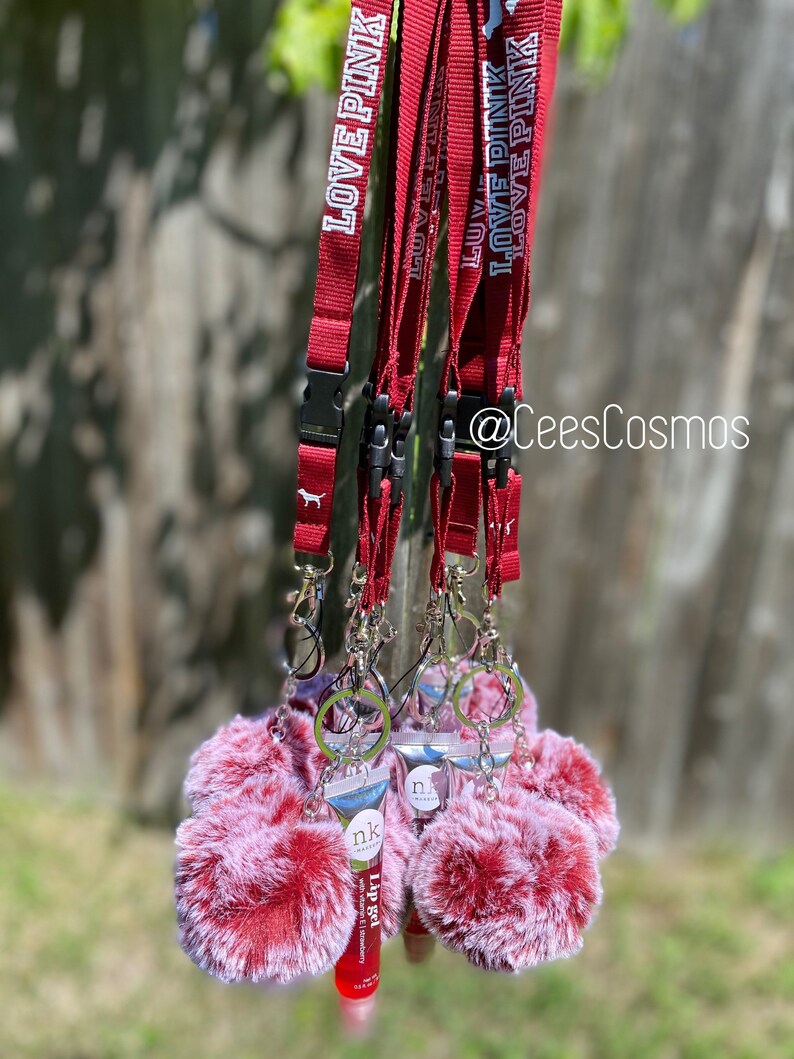 PINK Lip Gloss Lanyard With Puff Ball Keychain Etsy