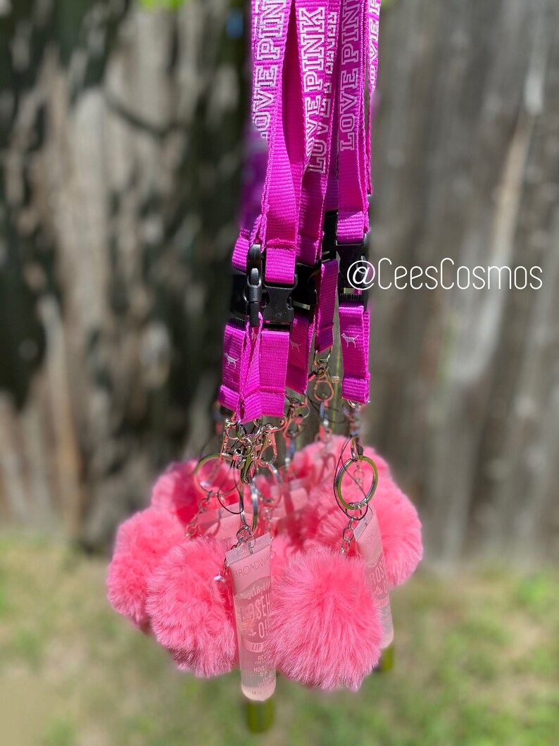 PINK Lip Gloss Lanyard With Puff Ball Keychain Etsy