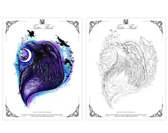 Raven Tattoo Flash: Watercolor Printable Design (Digital Download)