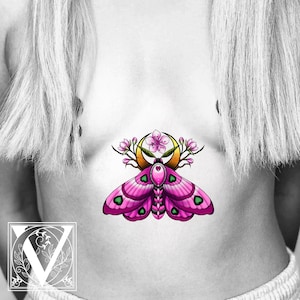 Moth Tattoo Flash, Moth Tattoo, Pink Moth Tattoo Flash, Sternum Tattoo, Underboob Tattoo, Blossom Tattoo