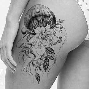 Floral Jellyfish Tattoo Flash: Printable Body Art (Digital Download)