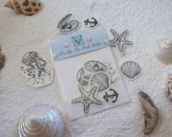 Mini Beach Temporary Tattoos: Shell, Jellyfish, Sailor Designs