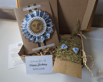 Blue Willow-inspired Birthday Card and Earring Set | Kraft Art Card | One of A Kind | Here Comes the Sun | Complete Gift Set