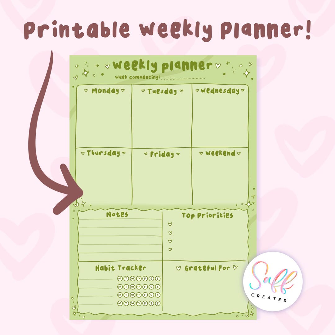 Kawaii Green Weekly Planner Printable: Multiple Sizes (PNG, PDF Digital ...