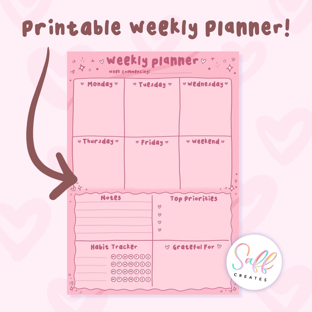 Kawaii Pink Weekly Planner Printable: Multiple Sizes (PNG, PDF Digital ...