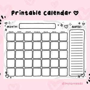 Cute Blank Printable Monthly Calendar Sheet Instant Download