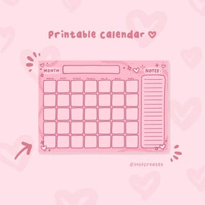 Cute Pink Printable Monthly Calendar Sheet Instant Download