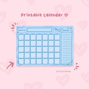 Cute Blue Printable Monthly Calendar Sheet Instant Download