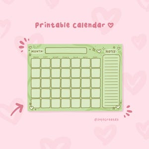 Cute Green Printable Monthly Calendar Sheet Instant Download