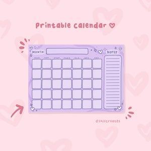 Cute Lilac Printable Monthly Calendar Sheet Instant Download
