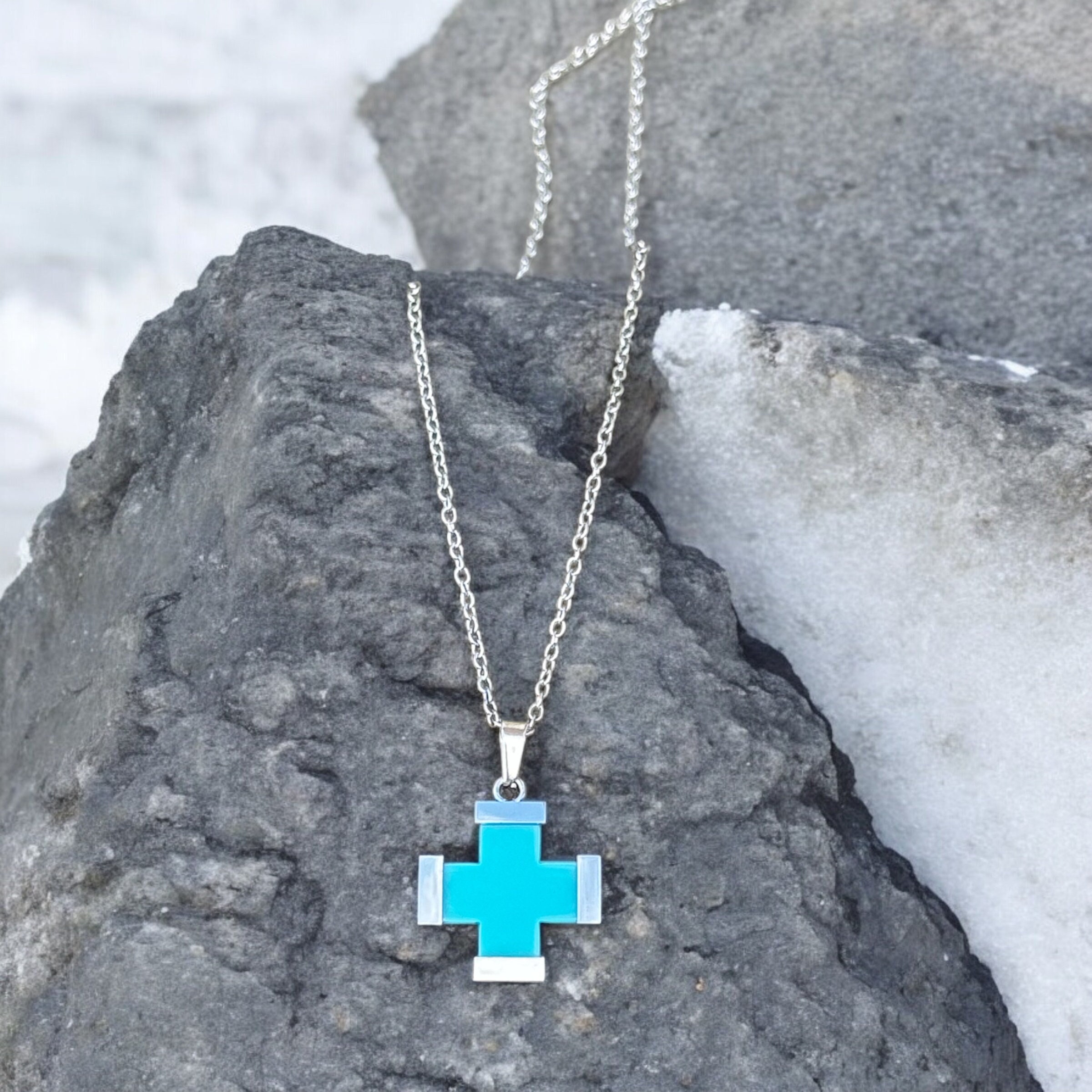 Stainless Steel / Turquoise Greece Cross Necklace, Greek Cross, Crucifix, Minimalist Cross