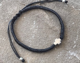 Braided Waxed Cord Cross Bracelet (Black)