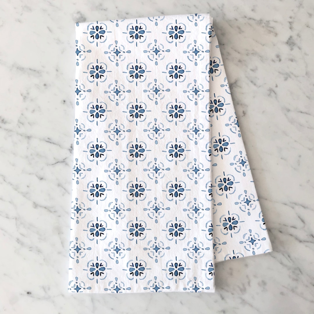 Blue and White Kitchen Towel Block Print Style Tea Towel Summer Kitchen ...