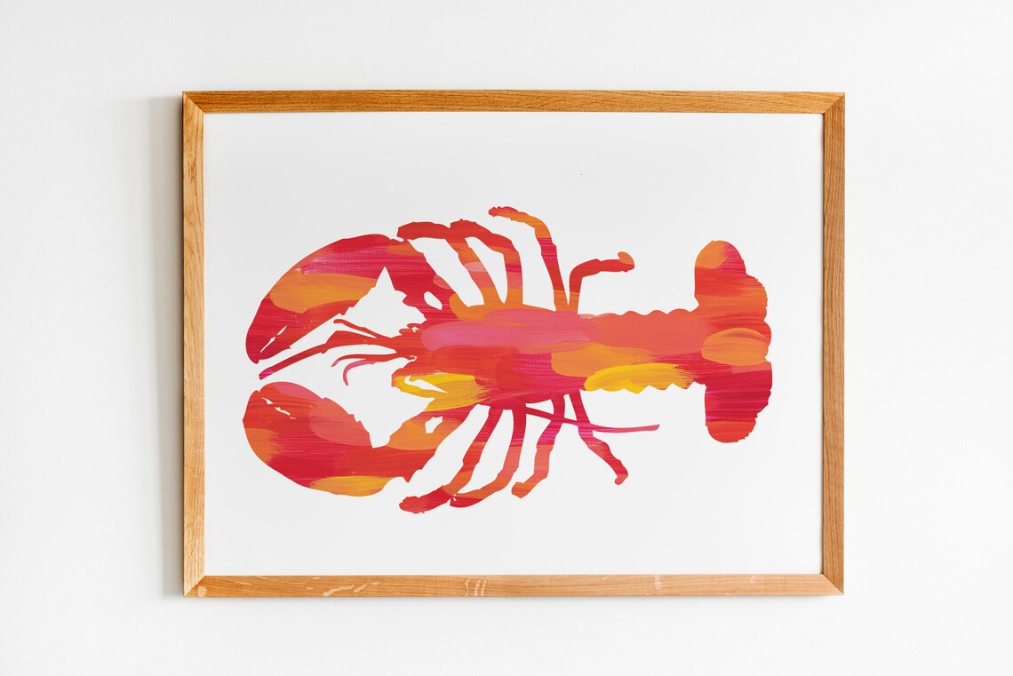 Bright Pink and Orange Lobster Art Print Coastal Artwork | Etsy
