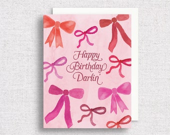 Carte de voeux Darlin de joyeux anniversaire | de voeux joyeux anniversaire | Coquette Esthétique Anniversaire | Carte d'anniversaire pour elle | Jolie carte d'anniversaire avec noeud