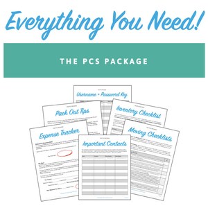 Könnte beinhalten: Ein Satz druckbarer Checklisten und Formulare für einen PCS-Umzug. Die Formulare umfassen "Packtipps", "Ausgabentracker", "Inventarliste", "Wichtige Kontakte" und "Umzugschecklisten".