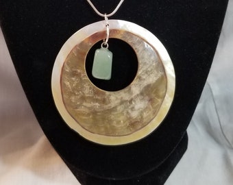 Shell & Aventurine Stone Pendant - Medallion Necklace - Silver Snake Chain 18"