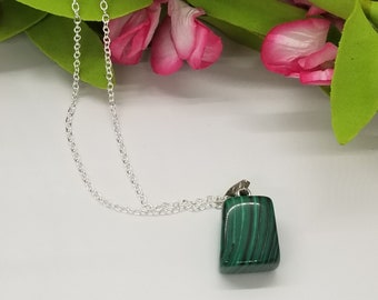 Malachite Stone Pendant on Dainty Silver Plated Cable Chain