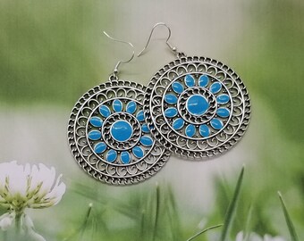 Round Blue Enamel & Silver Medallion Drop Earrings, Silver Medallion Dangle Earrings