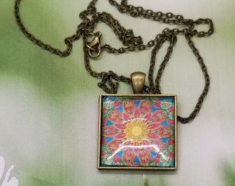 Yellow, Pink, and Green Mexican Tile in a Antiqued Bronze Bezel on an Antique Bronze Chain