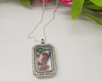 Teal, Soft Pink, and Hot Pink Dried Flowers in a Silver Rhinestone Floating Locket Necklace on a Dainty Silver Plated Cable Chain