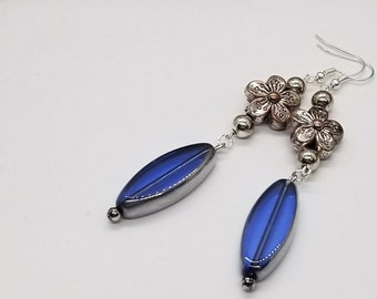 Blue Czech Electroplated Silver Flower Drop Earrings - Dangle Flower Earrings