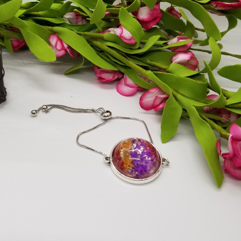 Dried Flower Resin Silver Adjustable Bracelets Queen Anne/'s Lace Dried Flower Bracelet