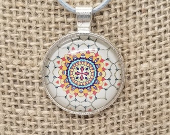 Orange, Blue, White Webbed Mandala Mosaic Pendant on Soft Gray Cotton Cord