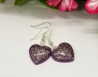 Purple and Silver Sparkle Heart Drop Earrings