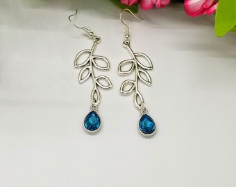 Blue Swarovski Crystal Teardrops on Silver Leaf Chandelier Earrings