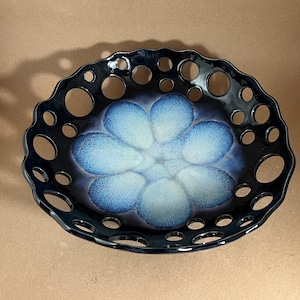 Blue Bursts fruit or centerpiece blue-black ceramic bowl,  handmade pottery