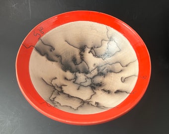 HORSEHAIR RAKU POTTERY bowl with red rim, handmade stoneware pottery