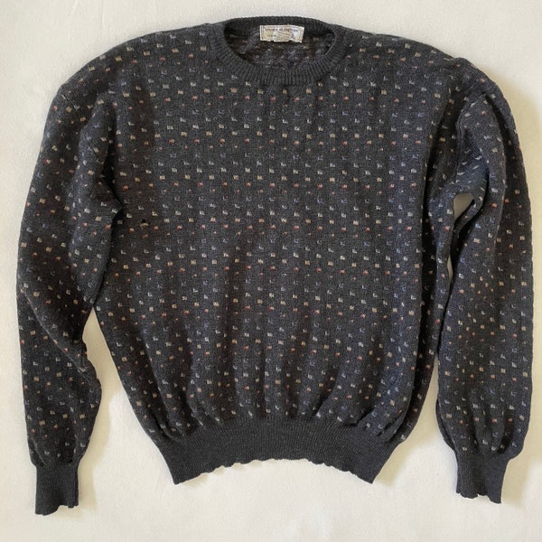 Size L/XL Vintage 80s Tricots St Raphael Sweater Virgin Wool Crewneck Pullover Dark Gray Geometric Print Grandpa Grandpacore Dadcore Grunge