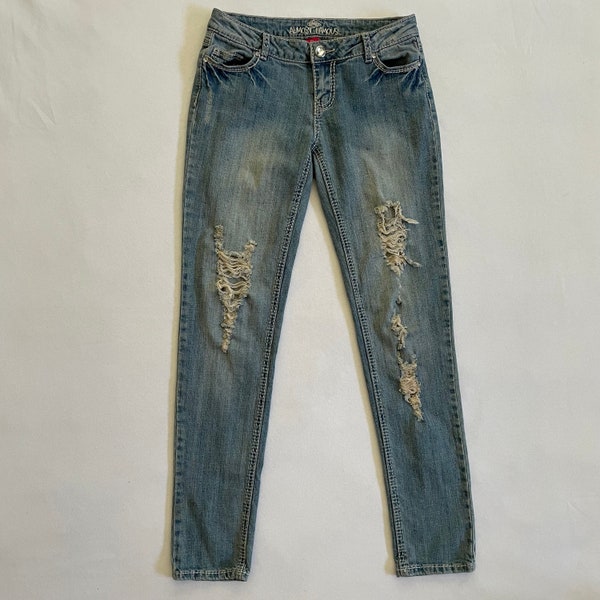 Size S Vintage Y2K Almost Famous Jeans Low Rise Skinny Distressed Ripped Thrashed Faded Rhinestones Embroidered Hippie Fairy Grunge