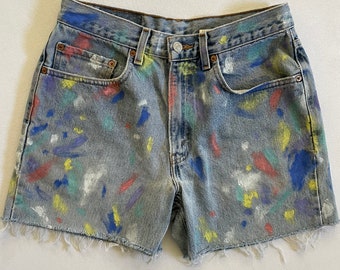 W29 Vintage 90s Levi’s Shorts Cut Off 550 Jean Hand Painted Splatter Paint Pastel Colorful Light Wash High Rise Frayed Hems Retro Artsy