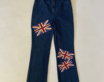 Girls Size 8 Vintage Y2K Amy Byer Flare Jeans Medium Denim Union Jack Flag British London Cotton Kids Youth Hippie Boho Spice Girls 2000s