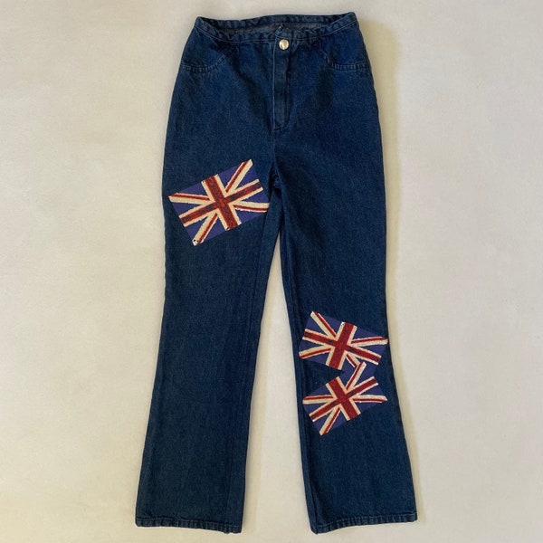 Girls Size 8 Vintage Y2K Amy Byer Flare Jeans Medium Denim Union Jack Flag British London Cotton Kids Youth Hippie Boho Spice Girls 2000s