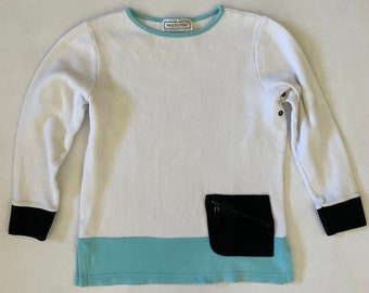 Size S Vintage 90s Molto Fino Sweater White Cotton Crewneck Blue Black Zipper Pocket Tech Techwear Preppy Cottage Nautical Minimalist Beach