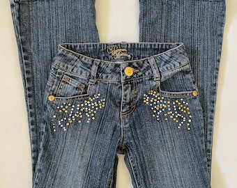 Size Girls 8 Vintage Y2K Hannah Montana Flare Jeans Bedazzled Embroidered Gold Clear Rhinestones Embellished Denim Disney Mcbling 2000s