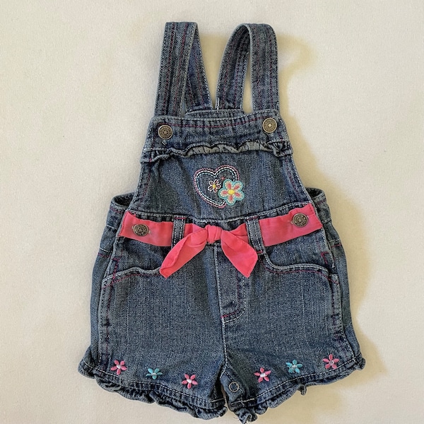 Baby Size 12M Vintage 90s Nannette Overalls Medium Wash Denim Embroidered Pink Floral Heart Ribbon Bow Shortalls Cotton Romper Playsuit